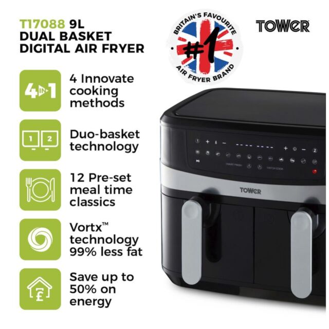 Tower T17088 Air Fryer 9LT Dual Basket - Black
