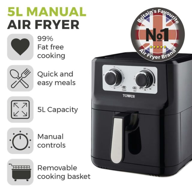Tower T17090 Vortx 5L Manual Single Basket Air Fryer - Black