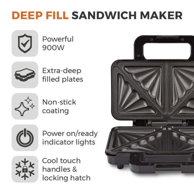 Tower T27031 900W Deep Filled Sandwich Maker - Stainless Steel