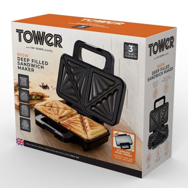 Tower T27031 900W Deep Filled Sandwich Maker - Stainless Steel